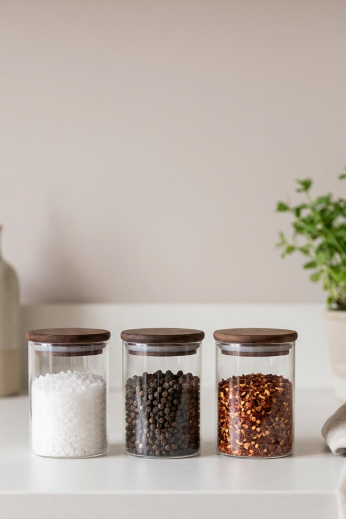 Pure Model 3'lü Ahşap Vakumlu Kapaklı Cam Baharatlık Seti