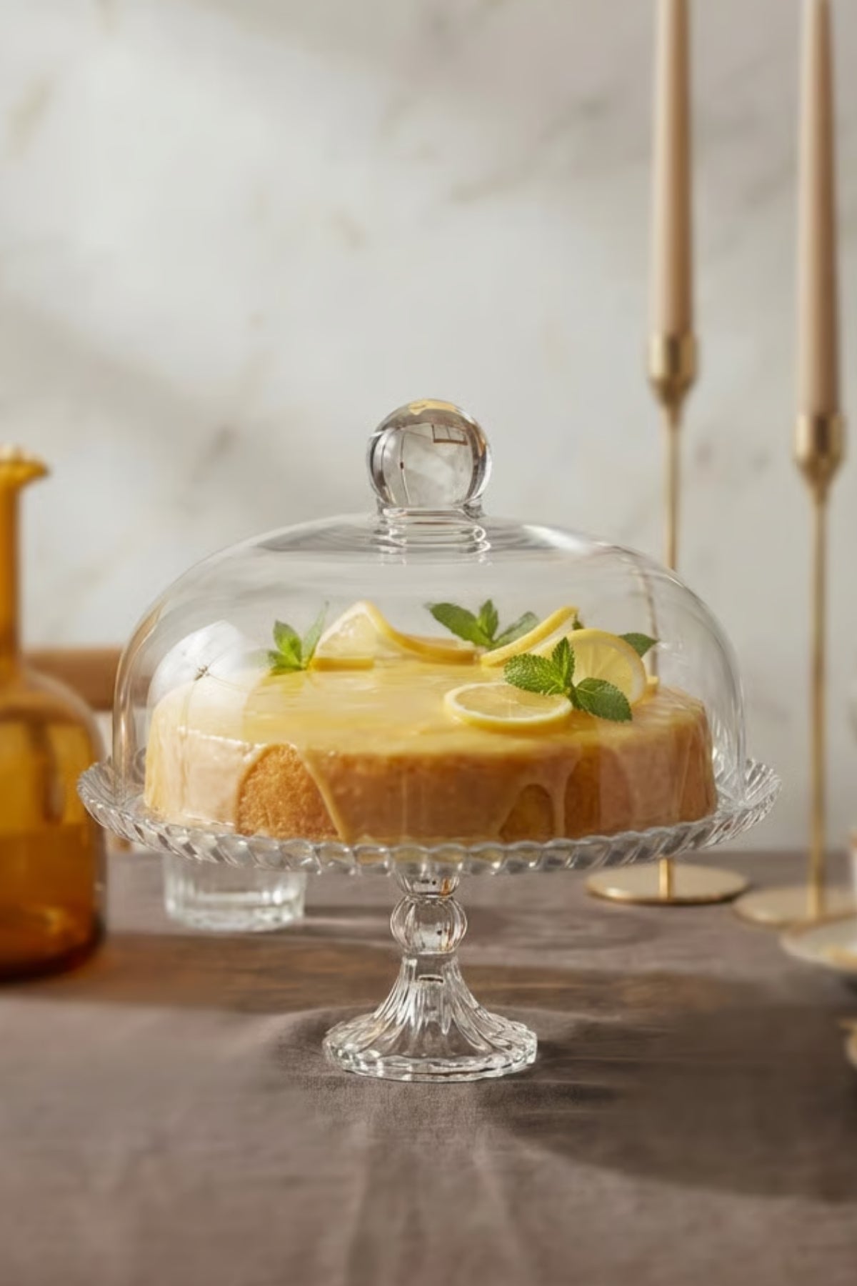 Lale Model Büyük Boy Cam Ayaklı Kek Fanusu ve Sunumluk