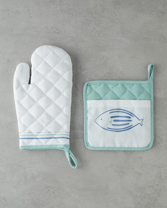 Aqualuna Fırın Eldiveni ve Tutacak Seti 17x30 Cm + 20x20 Cm Mavi - Yeşil