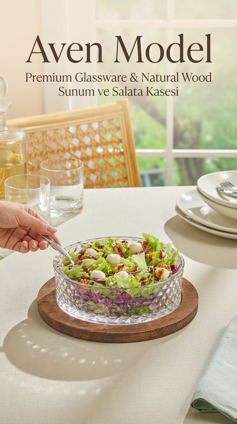 Aven Model Ahşap Stantlı Cam Salata Kasesi ve Sunumluk
