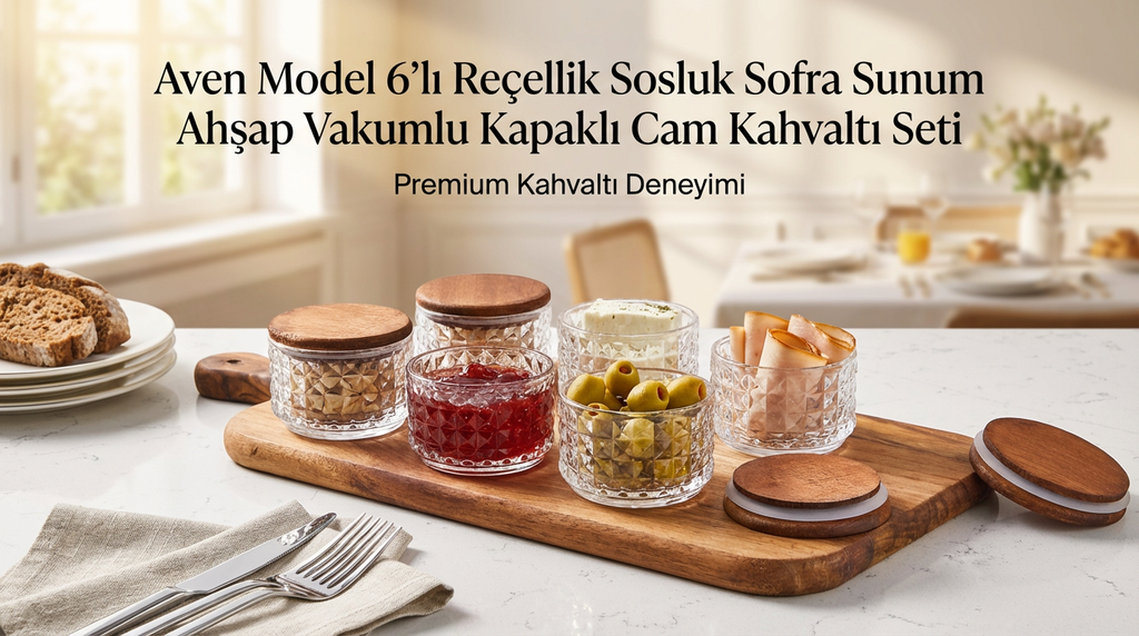 Aven Model 6'lı Reçellik Sosluk Sofra Sunum Ahşap Vakumlu Kapaklı Cam Kahvaltı Seti