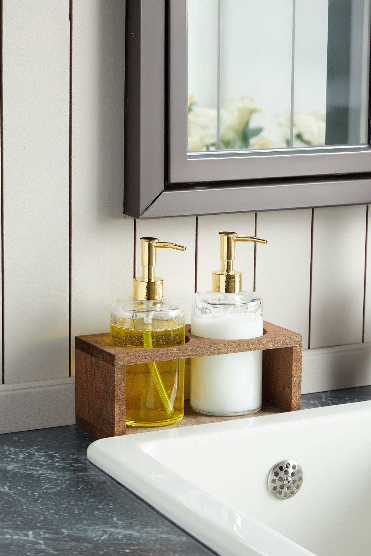 Pure Model Ahşap Stantlı Cam Sıvı Sabunluk Seti 2'li