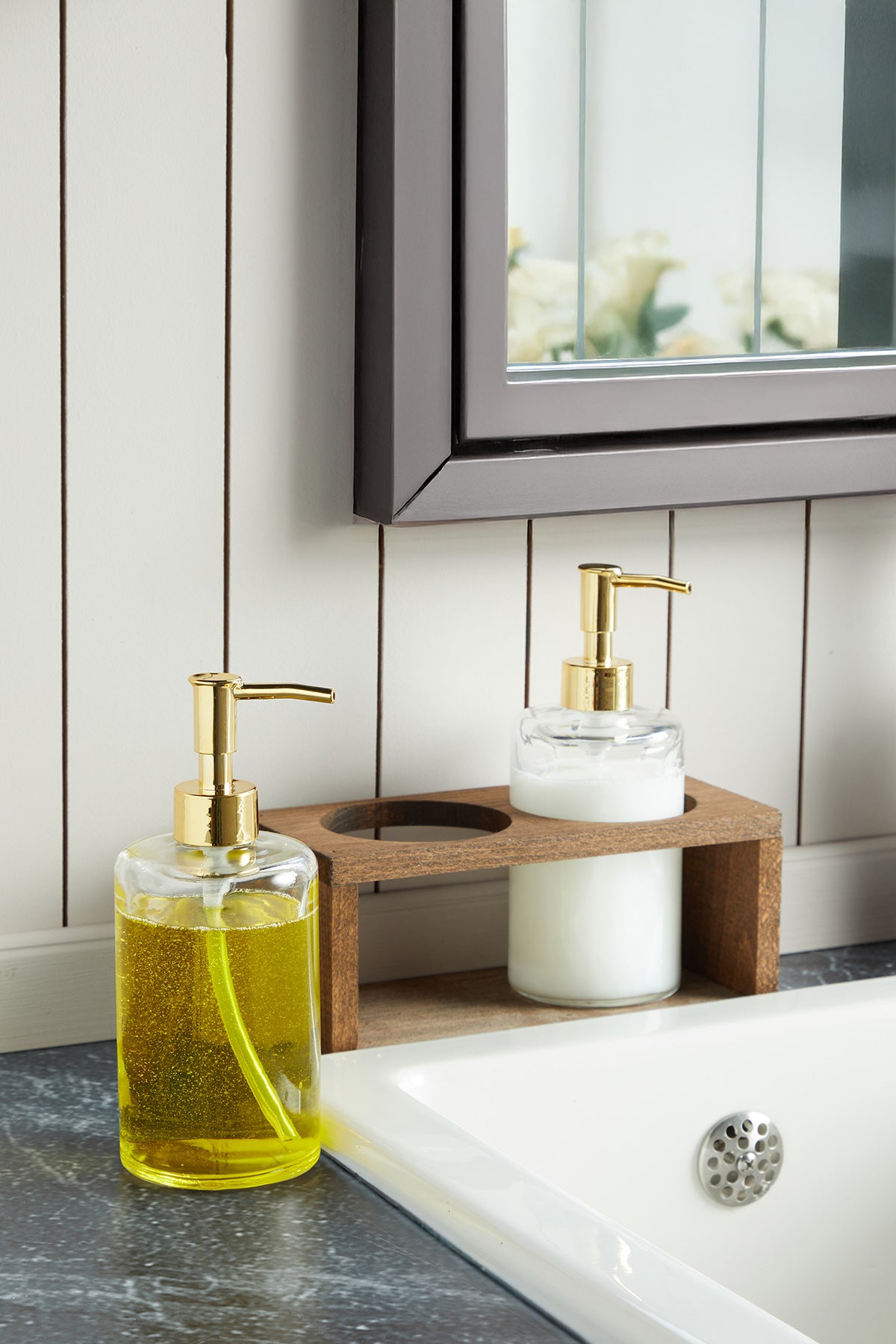 Pure Model Ahşap Stantlı Cam Sıvı Sabunluk Seti 2'li