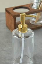 Pure Model Ahşap Stantlı Cam Sıvı Sabunluk ve Diş Fırçalık Banyo Seti