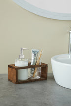 Pure Model Ahşap Stantlı Cam Sıvı Sabunluk ve Diş Fırçalık Banyo Seti