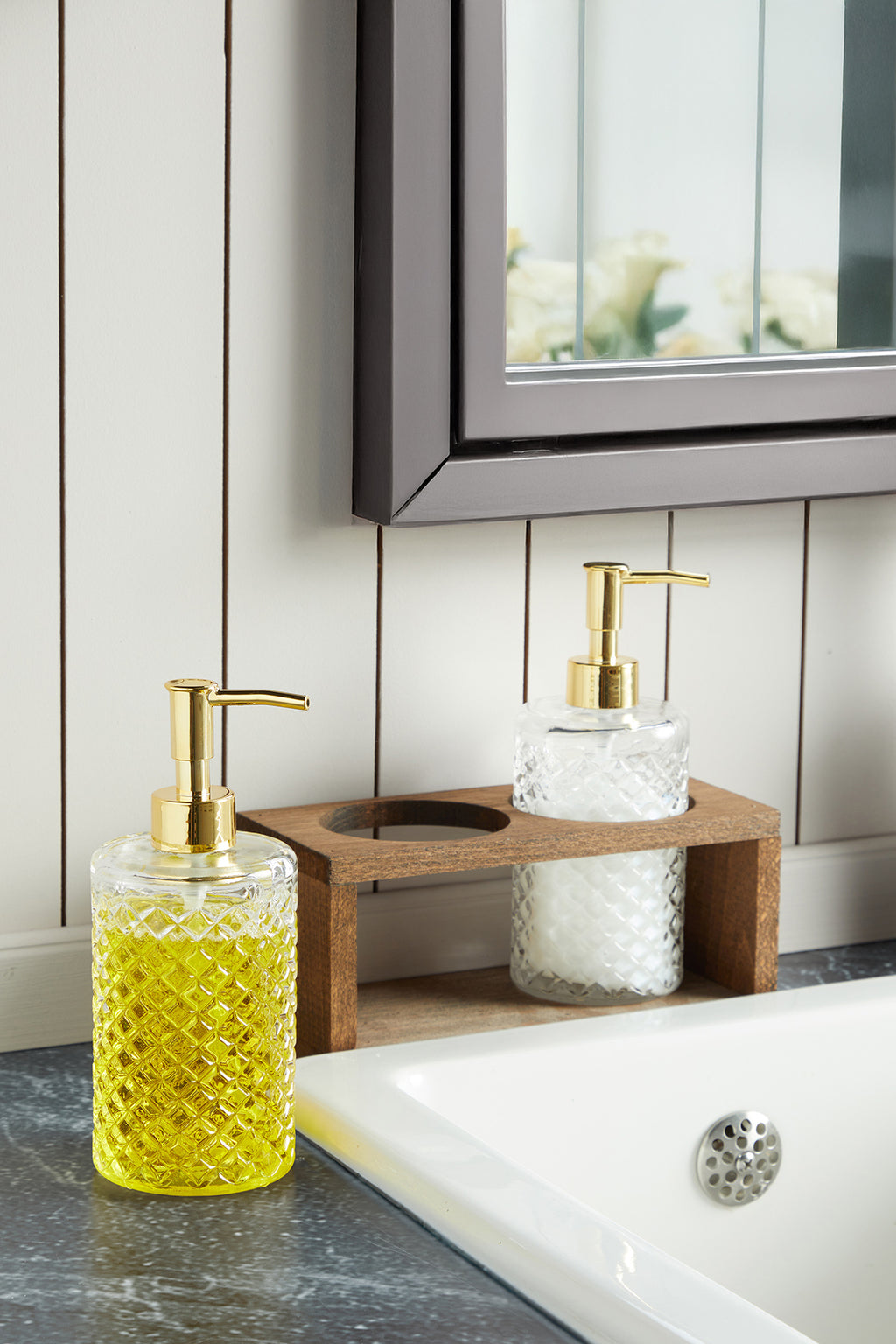 Tokyo Model Ahşap Stantlı Cam Sıvı Sabunluk Seti 2'li