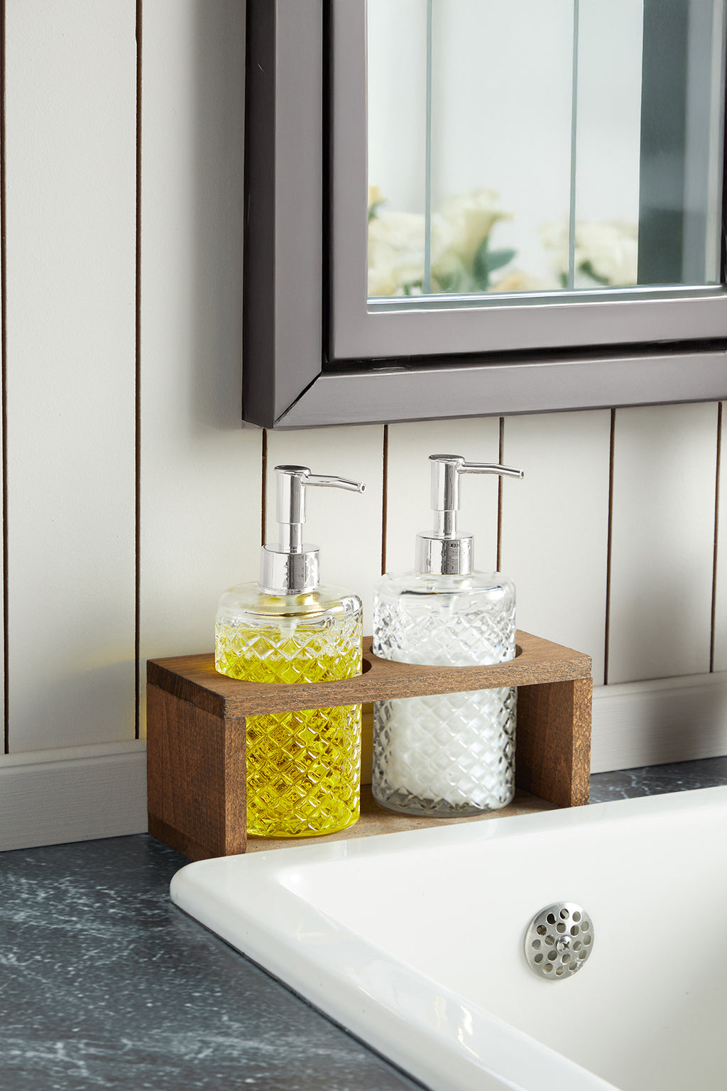 Tokyo Model Ahşap Stantlı Cam Sıvı Sabunluk Seti 2'li