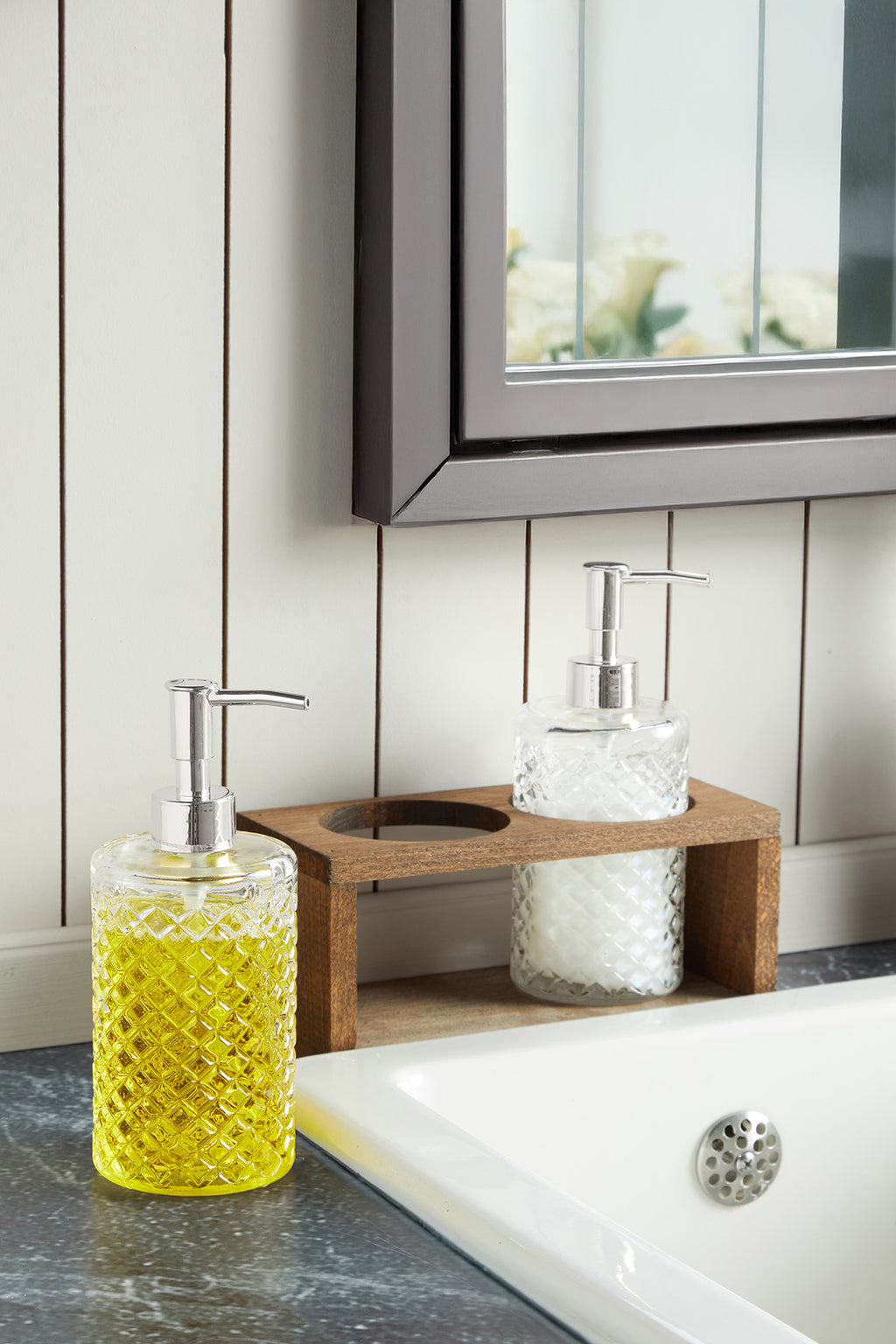 Tokyo Model Ahşap Stantlı Cam Sıvı Sabunluk Seti 2'li